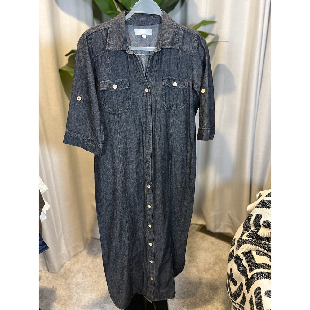 J GEE Womens Dark Wash Denim Button Down Midi Shirt Dress Smocked Back Large